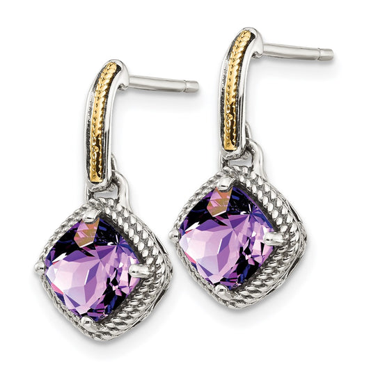 QTC961 Shey Couture Sterling Silver with 14K Accent Antiqued Cushion Amethyst Post Dangle Earrings
