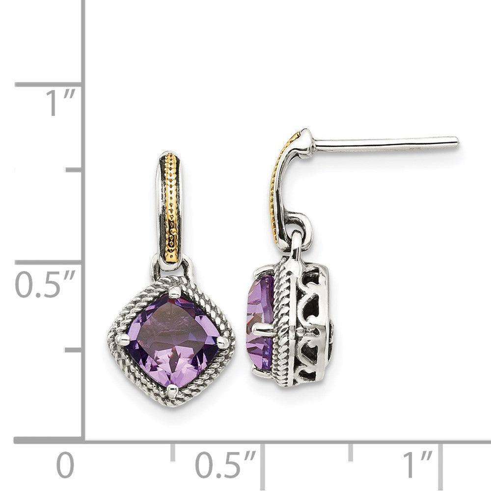 QTC961 Shey Couture Sterling Silver with 14K Accent Antiqued Cushion Amethyst Post Dangle Earrings