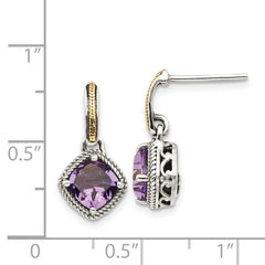 QTC961 Shey Couture Sterling Silver with 14K Accent Antiqued Cushion Amethyst Post Dangle Earrings
