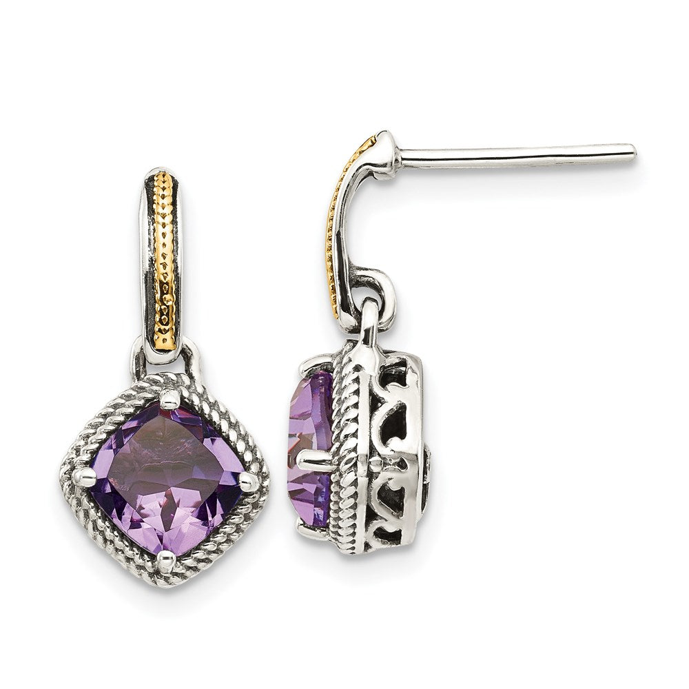 QTC961 Shey Couture Sterling Silver with 14K Accent Antiqued Cushion Amethyst Post Dangle Earrings