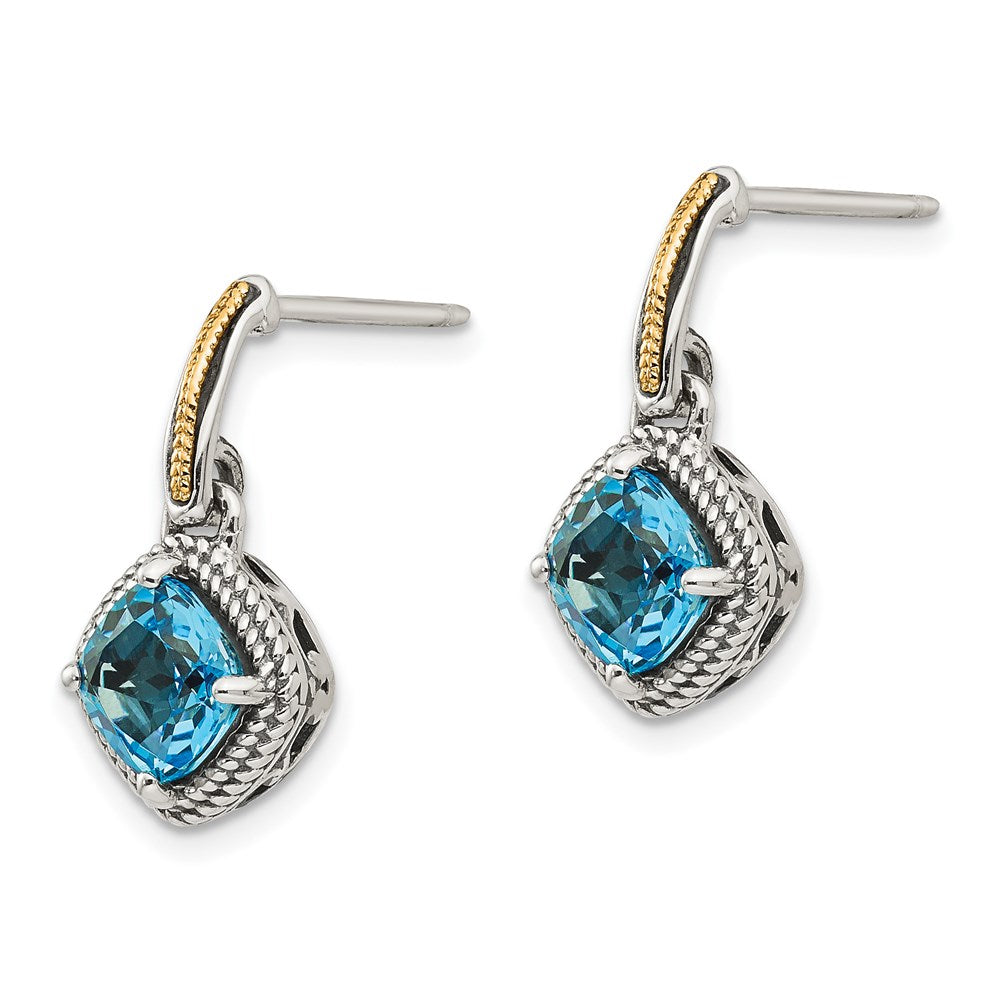 QTC962 Shey Couture Sterling Silver with 14K Accent Antiqued Cushion Light Swiss Blue Topaz Post Dangle Earrings