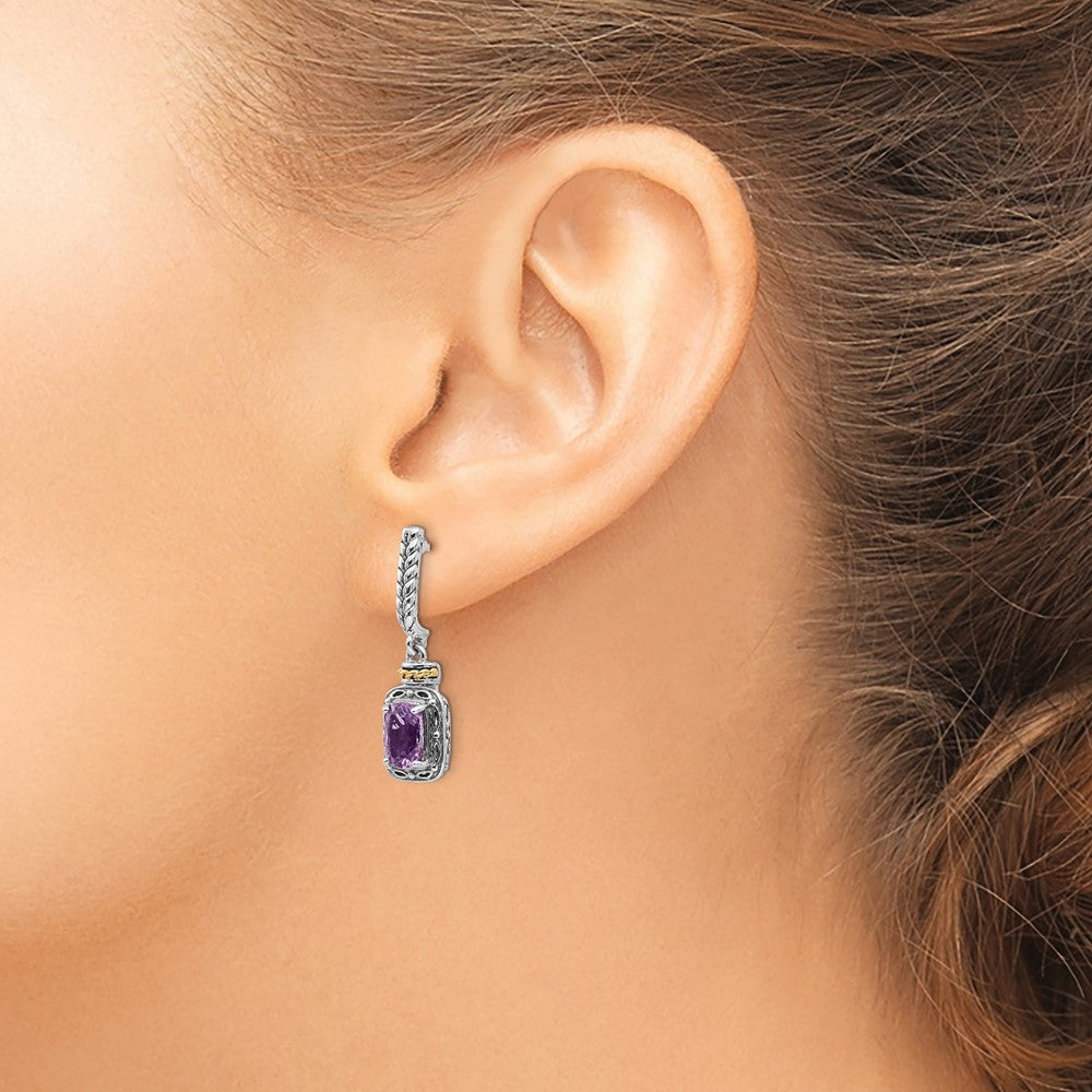 QTC985 Shey Couture Sterling Silver with 14K Accent Antiqued Cushion Amethyst Post Dangle Earrings