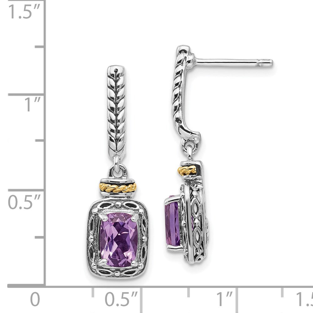 QTC985 Shey Couture Sterling Silver with 14K Accent Antiqued Cushion Amethyst Post Dangle Earrings