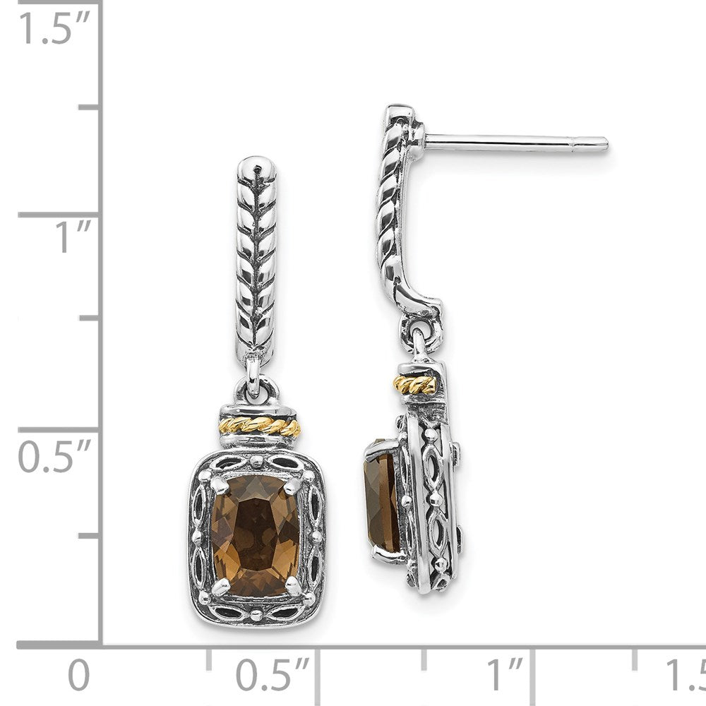 QTC989 Shey Couture Sterling Silver with 14K Accent Antiqued Cushion Smoky Quartz Post Dangle Earrings