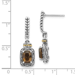 QTC989 Shey Couture Sterling Silver with 14K Accent Antiqued Cushion Smoky Quartz Post Dangle Earrings