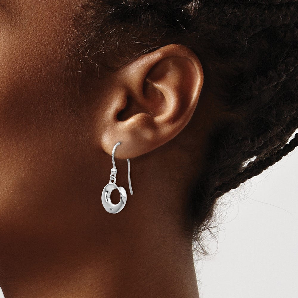 QW244 White Ice Sterling Silver Rhodium-plated Diamond Circle Shepherd Hook Dangle Earrings