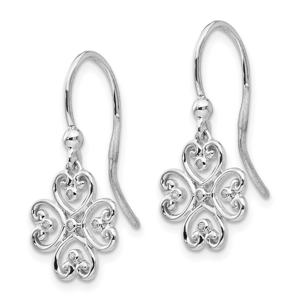 QW338 White Ice Sterling Silver Rhodium-plated Diamond 4 Heart Shepherd Hook Dangle Earrings