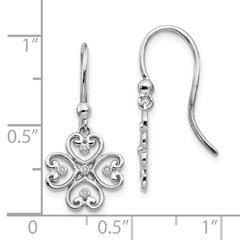 QW338 White Ice Sterling Silver Rhodium-plated Diamond 4 Heart Shepherd Hook Dangle Earrings
