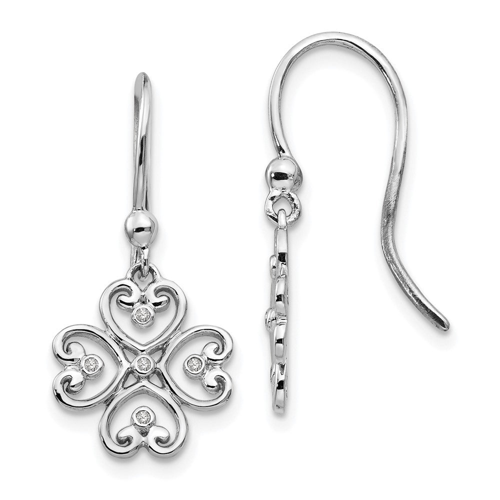 QW338 White Ice Sterling Silver Rhodium-plated Diamond 4 Heart Shepherd Hook Dangle Earrings