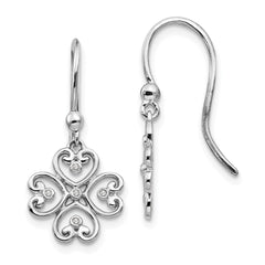 QW338 White Ice Sterling Silver Rhodium-plated Diamond 4 Heart Shepherd Hook Dangle Earrings