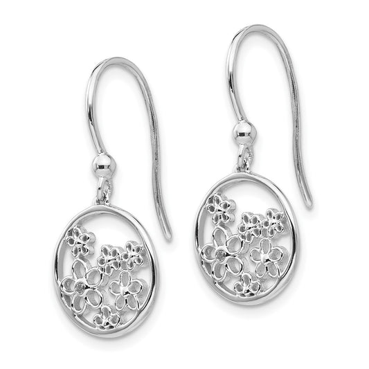 QW342 White Ice Sterling Silver Rhodium-plated Diamond Flower Shepherd Hook Dangle Earrings