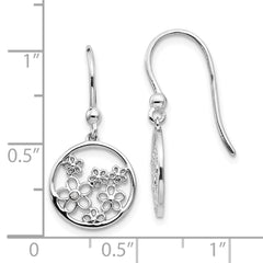 QW342 White Ice Sterling Silver Rhodium-plated Diamond Flower Shepherd Hook Dangle Earrings