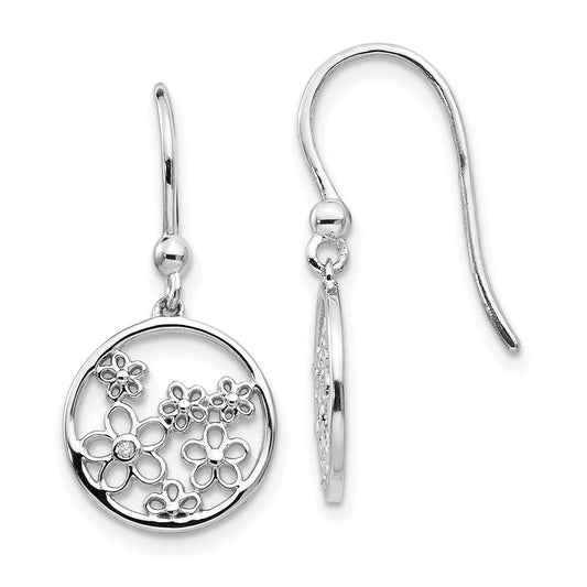 QW342 White Ice Sterling Silver Rhodium-plated Diamond Flower Shepherd Hook Dangle Earrings