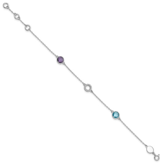 White Ice Sterling Silver/Rhodium-plated Diamond, Blue Topaz, Amethyst 6.25 inch Bracelet plus 1 inch Extender QW361BTAM-7.25