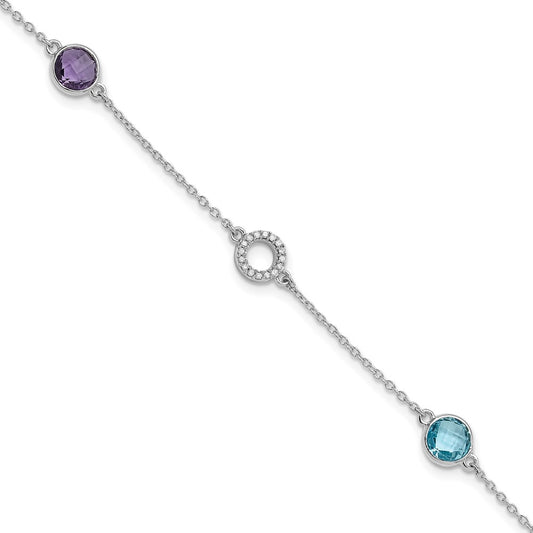 White Ice Sterling Silver/Rhodium-plated Diamond, Blue Topaz, Amethyst 6.25 inch Bracelet plus 1 inch Extender QW361BTAM-7.25