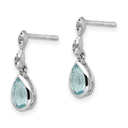 QW370 White Ice Sterling Silver Rhodium-plated Blue Topaz and Diamond Post Dangle Teardrop Earrings