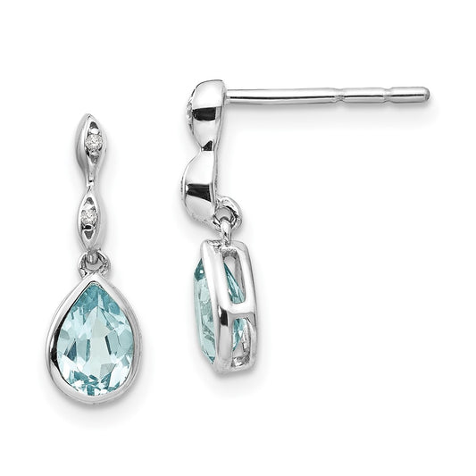 QW370 White Ice Sterling Silver Rhodium-plated Blue Topaz and Diamond Post Dangle Teardrop Earrings