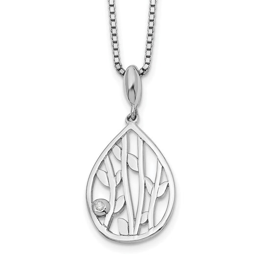 White Ice Sterling Silver Rhodium-plated 18 Inch Diamond Leaf Pendant Necklace with 2 Inch Extender QW403-18