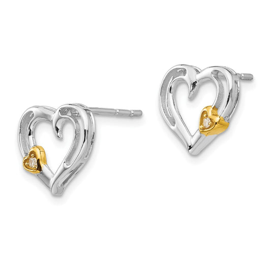 QW407 White Ice Sterling Silver Rhodium-plated Gold-tone Diamond Heart Post Earrings