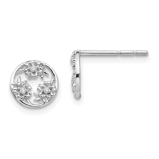 QW427 White Ice Sterling Silver Rhodium-plated Diamond Flower Post Earrings