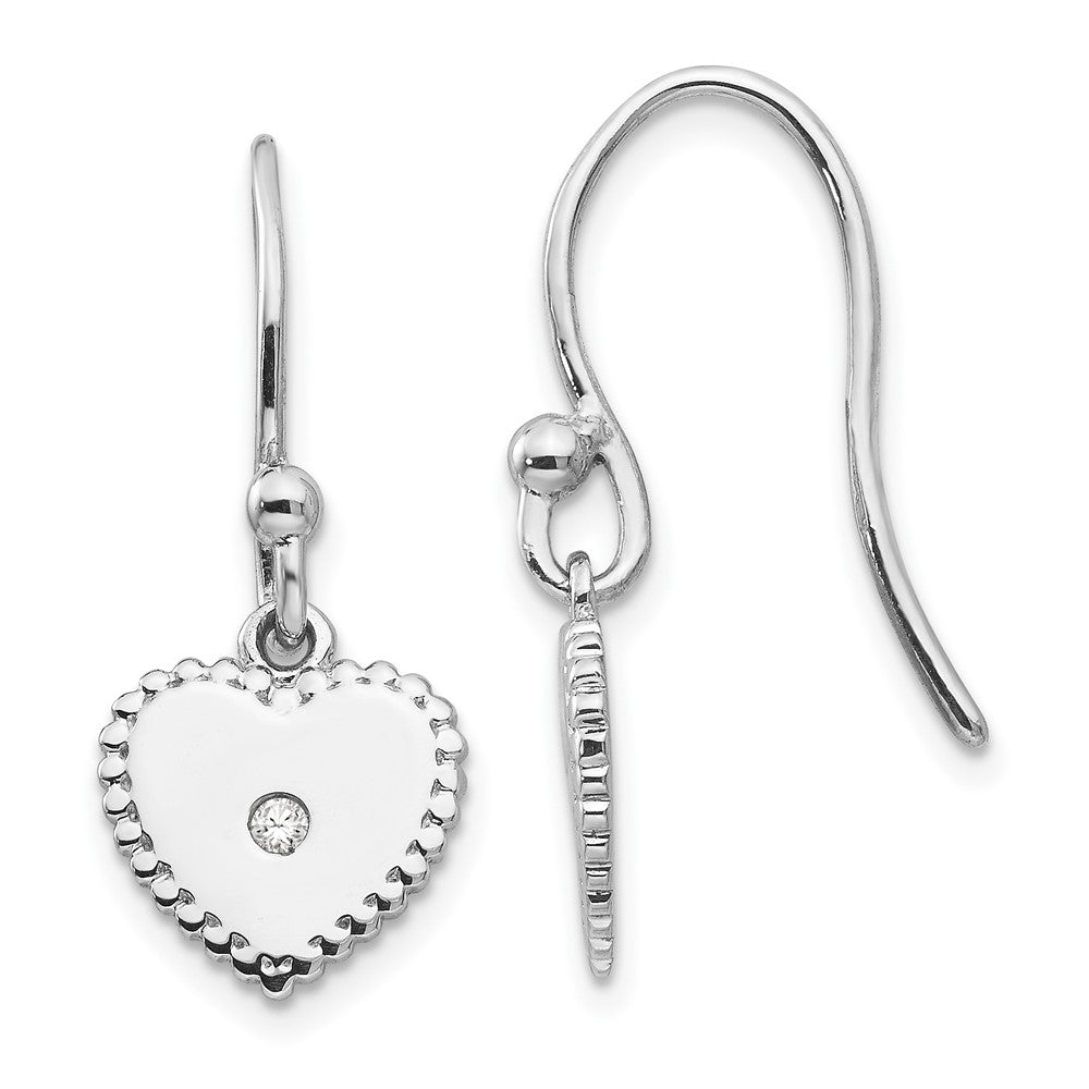QW432 White Ice Sterling Silver Rhodium-plated Diamond Shepherd Hook Heart Dangle Earrings