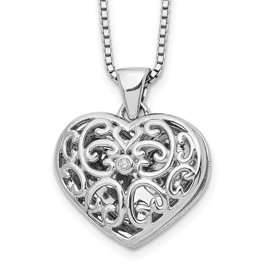 White Ice Sterling Silver Rhodium-plated 18 Inch Diamond Filigree Heart Locket Necklace with 2 Inch Extender QW439-18