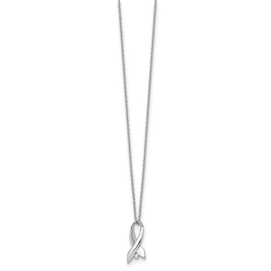 White Ice Sterling Silver Rhodium-plated 18 Inch Diamond Awareness Ribbon Necklace with 2 Inch Extender QW442-18