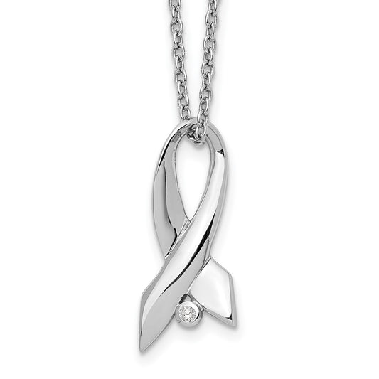 White Ice Sterling Silver Rhodium-plated 18 Inch Diamond Awareness Ribbon Necklace with 2 Inch Extender QW442-18