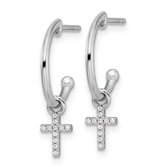 QW513 White Ice Sterling Silver Rhodium-plated Diamond Cross Dangle J-Hoop Post Earrings