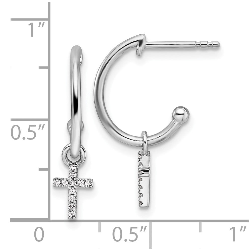 QW513 White Ice Sterling Silver Rhodium-plated Diamond Cross Dangle J-Hoop Post Earrings