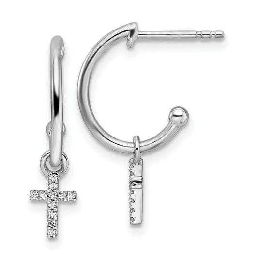 QW513 White Ice Sterling Silver Rhodium-plated Diamond Cross Dangle J-Hoop Post Earrings