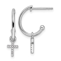 QW513 White Ice Sterling Silver Rhodium-plated Diamond Cross Dangle J-Hoop Post Earrings