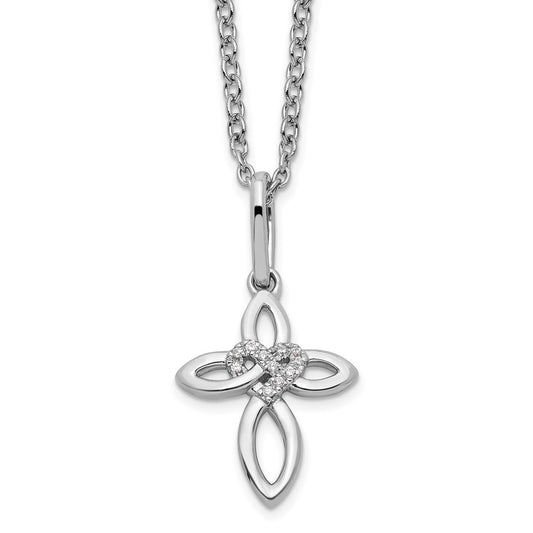 White Ice Sterling Silver Rhodium-plated 18 Inch Diamond Cross with Heart Necklace with 2 Inch Extender QW517-18
