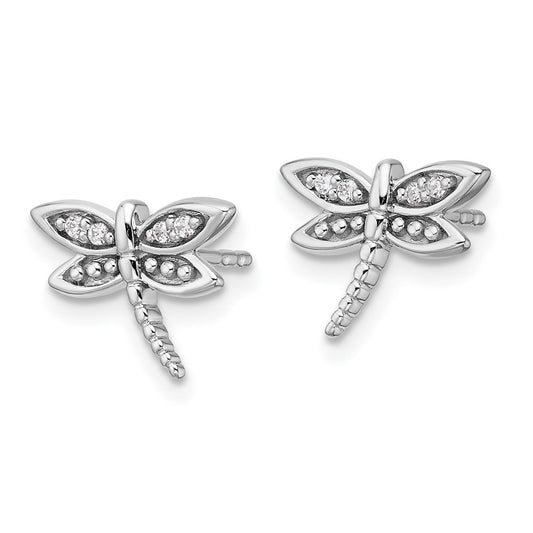 QW519 White Ice Sterling Silver Rhodium-plated Diamond Dragonfly Post Earrings