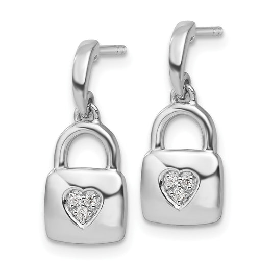 QW526 White Ice Sterling Silver Rhodium-plated Diamond Heart Lock Dangle Post Earrings