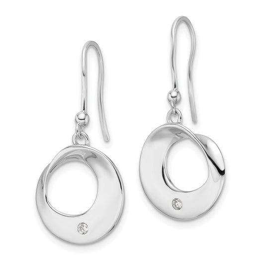 QW555 White Ice Sterling Silver Rhodium-plated Diamond Circle Shepherds Hook Dangle Earrings