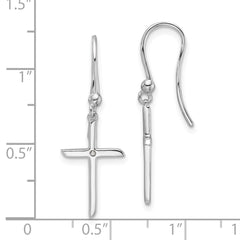QW572 White Ice Sterling Silver Rhodium-plated Diamond Cross Shepherds Hook Dangle Earrings
