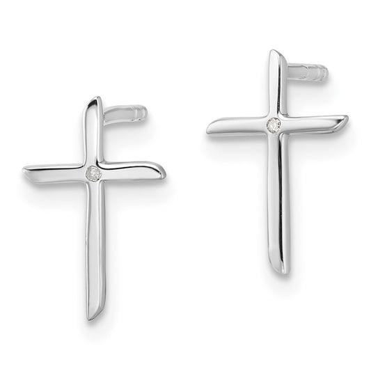 QW574 White Ice Sterling Silver Rhodium-plated Diamond Cross Post Earrings