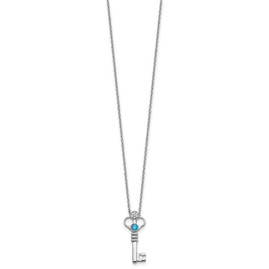 White Ice Sterling Silver Rhodium-plated Key with Blue Topaz and Diamond 18in Necklace with 2in extender QW580-18