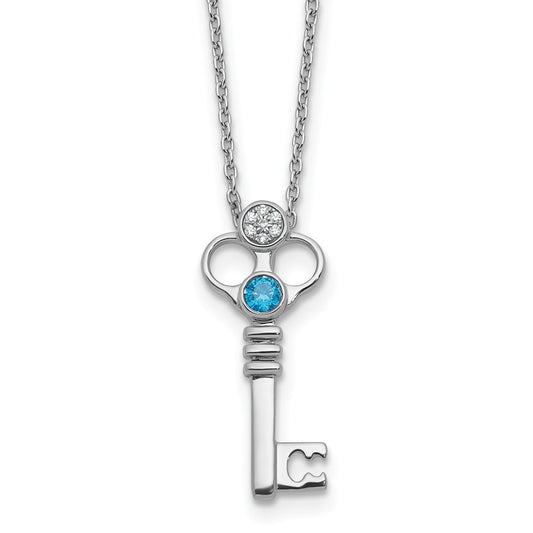 White Ice Sterling Silver Rhodium-plated Key with Blue Topaz and Diamond 18in Necklace with 2in extender QW580-18