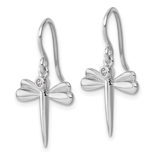 QW599 White Ice Sterling Silver Rhodium-plated Diamond Dragonfly Dangle Earrings