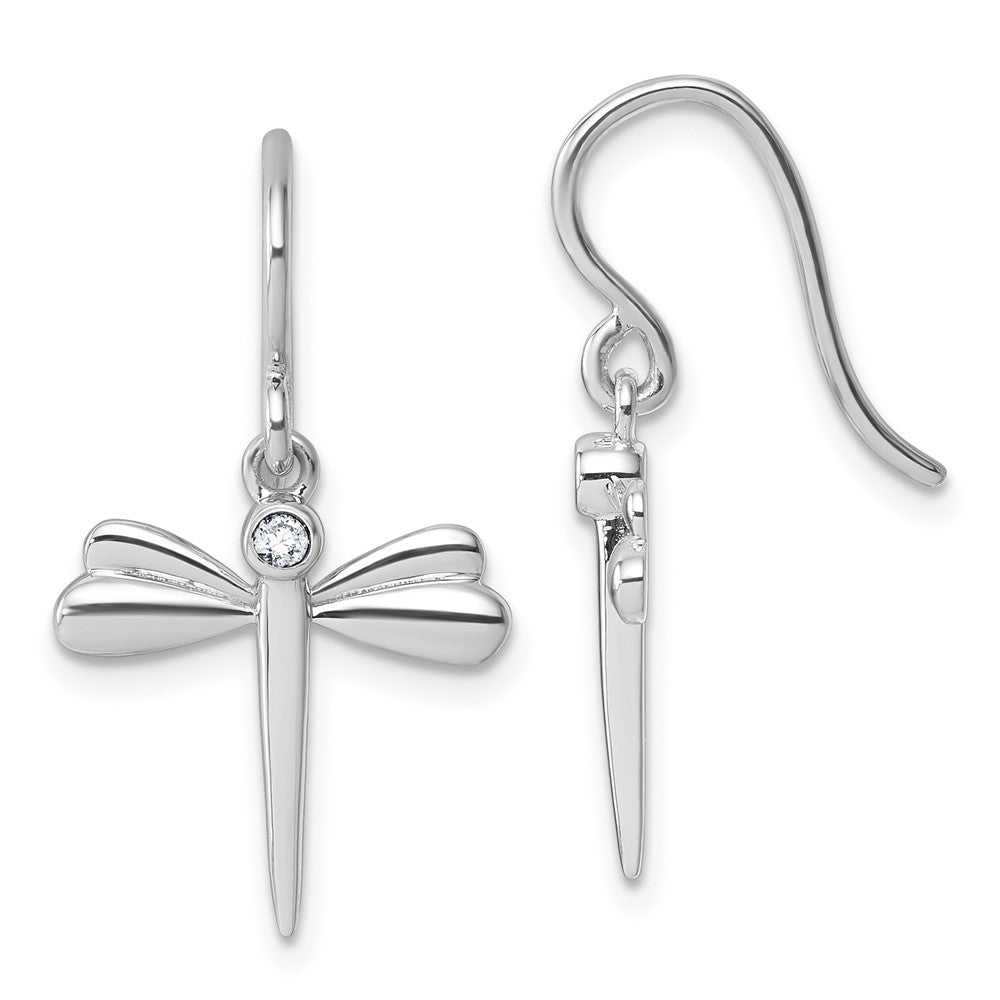 QW599 White Ice Sterling Silver Rhodium-plated Diamond Dragonfly Dangle Earrings