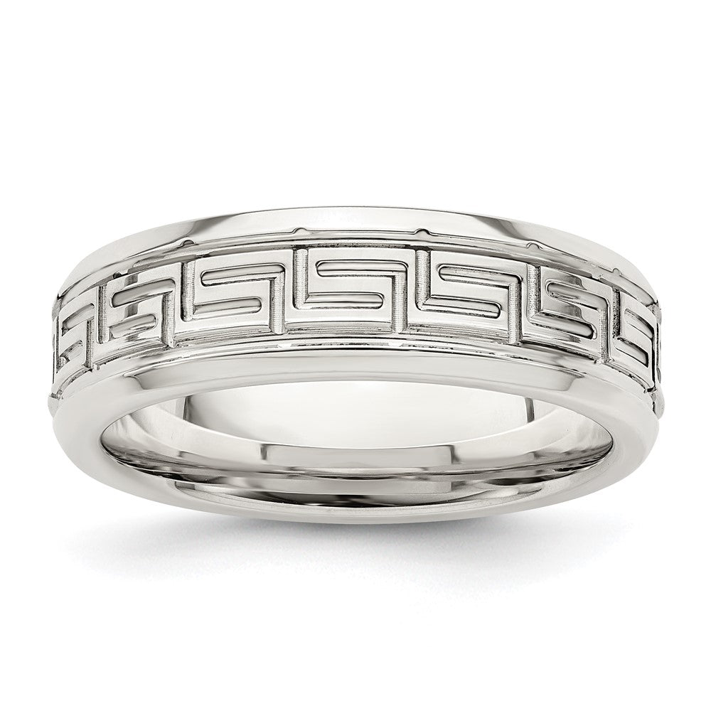 Sterling Silver 6mm Polished Flat Greek Key Design Beveled Edge Fancy Band Size 10