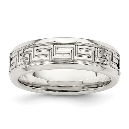 Sterling Silver 6mm Polished Flat Greek Key Design Beveled Edge Fancy Band Size 10