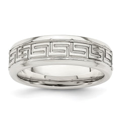Sterling Silver 6mm Polished Flat Greek Key Design Beveled Edge Fancy Band Size 10