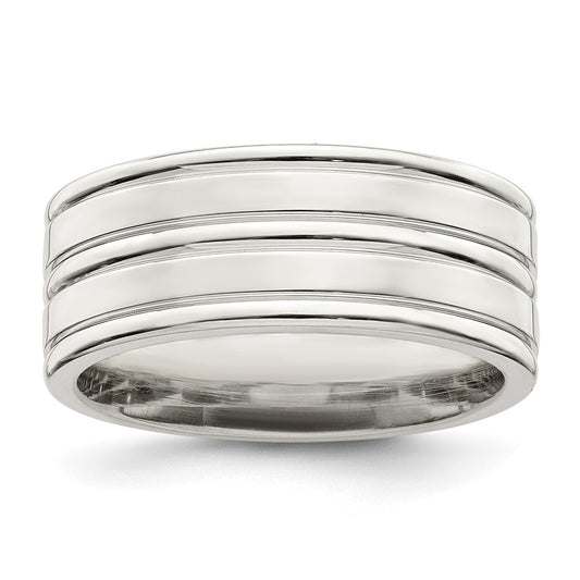 Sterling Silver 8mm Polished Flat Grooved Fancy Band Size 10
