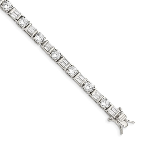 Sterling Silver Rhodium-plated Baguette and Round CZ Bracelet QX111CZ