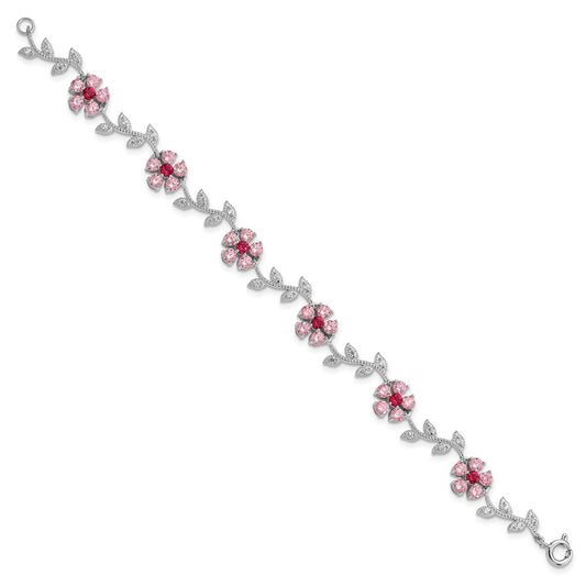 Sterling Silver Rhod-plated 7.75in Pink and Clear CZ Flower Bracelet QX420CZ