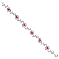 Sterling Silver Rhod-plated 7.75in Pink and Clear CZ Flower Bracelet QX420CZ