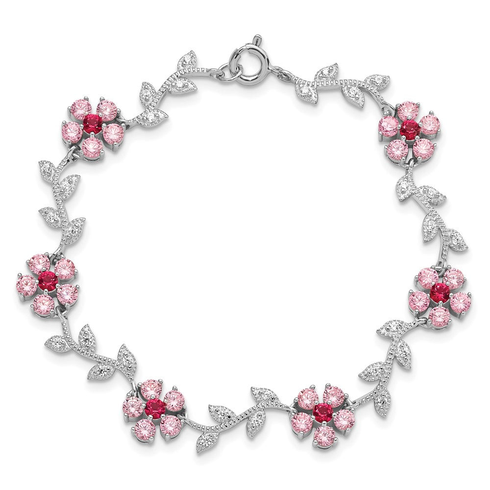 Sterling Silver Rhod-plated 7.75in Pink and Clear CZ Flower Bracelet QX420CZ